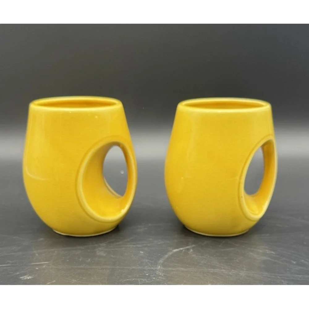 Vintage Bright Yellow Ceramic Tea Cups Set Of 8 MCM Japan Circular Handle 6-7 Oz